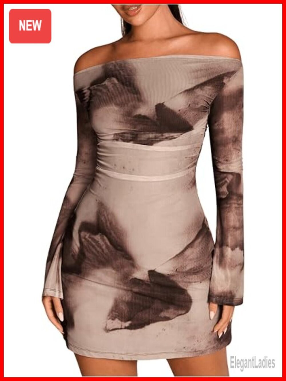 Off Shoulder Bodycon Mini Dress Long Sleeve Ruched Tie Dye Party Club